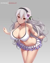 1girls alternate_breast_size alternate_costume artist_name bangs bare_arms bare_shoulders big_breasts bikini bikini_skirt black_hairband breasts cleavage closed_mouth collarbone corrin_(fire_emblem) corrin_(fire_emblem)_(female) corrin_(summer)_(fire_emblem)_(female) curvy dakkalot female female_only fire_emblem fire_emblem_fates fire_emblem_heroes flower frilled_bikini frills front-tie_bikini front-tie_top hair_between_eyes hair_flower hair_ornament hairband halter_top halterneck hibiscus huge_breasts layered_bikini leaf leaning_forward long_hair looking_at_viewer narrow_waist navel nintendo official_alternate_costume purple_flower red_eyes ribbon smile solo stomach swimsuit thighs white_bikini white_hair white_ribbon white_swimsuit wide_hips