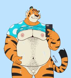 animal_crossing anthro belly_hair bodily_fluids body_hair clothed clothing clothing_lift flaccid foreskin genitals hi_res male nintendo obese overweight penis pubes rionmaro rowan_(animal_crossing) shirt shirt_lift small_penis solo sweat sweatdrop taking_selfie topwear video_games