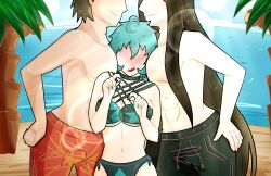 abs alternate_version_available beach bikini bikini_bottom bikini_top black_hair black_shorts blue_nails blush breasts brown_hair cleavage danganronpa danganronpa_2:_goodbye_despair danganronpa_s:_ultimate_summer_camp hinata_hajime izuru_kamukura large_breasts long_hair mizumikahagoart multiple_boys nail_polish oc orange_shorts original_character painted_nails palm_tree sand sea short_hair sky squished_between_breasts straight_hair super_danganronpa_2 swimming_trunks topless topless_male turquoise_hair turquoise_nails