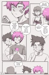 1girls 2boys bandaid breasts clothed clothing comic comic_page dialogue dross ear_piercing earrings english_text female jacob_(dross) male monochrome page_2 page_number phone pink_hair roxanne_(dross) shirt skater_boi_(dross) smartphone tagme taylor_(dross) text twink