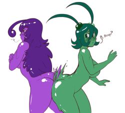 2girls ass ass_to_ass dulee_(doodledowd) embarrassed green_skin idolmonkeh nude purple_skin queen_(doodledowd) slime_girl transparent_background yuri