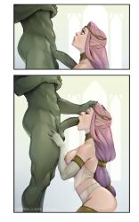 1boy 1girls blowjob breasts dungeons_and_dragons elf elf_ears elf_female fellatio female green-skinned_male green_skin hand_on_head humanoid humanoid_on_humanoid interspecies kate_starling light-skinned_female light_skin male male/female muscular_male orc orc_male orc_on_elf pink_hair pointy_ears straight submissive