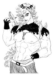 bare_chest bare_midriff demon_boy demon_slayer douma fan fangs folding_fan hand_fan hand_on_hip kimetsu_no_yaiba long_hair long_hair_male male male_only messy_hair monochrome muscular muscular_male nail_polish shrug_(clothing) smile solo thick_eyebrows tight_clothing