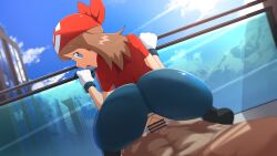 1boy 1girls bike_shorts blue_eyes brown_hair clothed_female_nude_male female female_penetrated looking_at_viewer male male/female male_penetrating male_penetrating_female male_pov may_(pokemon) may_(pokemon_rs) oni-sanart pokemon pokemon_rse pov reverse_cowgirl_position rigaeru sex vaginal_penetration