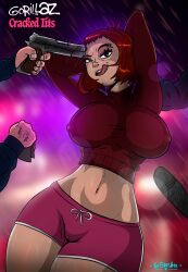 1girls 2022 absurd_res asian athletic_shorts baton belly_button_piercing big_breasts cameltoe clothed clothing crop_top dolphin_shorts eyebrow_piercing female firearm gorillaz gun gunpoint handgun hands_behind_head hi_res human m1911 makeup nipple_bulge noodle_(cracker_island) noodle_(gorillaz) pale_skin piercing police rain red_hair running_shorts shorts sirbanshee sportswear sweater tongue_out tongue_piercing weapon