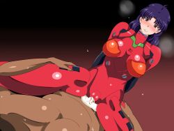 1boy 1girls big_breasts blush breasts clothed_sex clothing cowgirl_position cum geafcart girl_on_top large_breasts misato_katsuragi neon_genesis_evangelion plugsuit sex