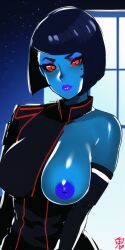 2d alien alien_girl areolae armwear artist_request bare_shoulder beauty_mark big_breasts black_clothing blue-skinned_female blue_body blue_hair blue_oni_(artist) blue_skin breasts che'rri chiss clothed_female clothing eyebrows eyelashes female female_only front_view hair humanoid imperial_officer large_breasts lips long_eyelashes looking_at_viewer military_uniform mole mole_under_eye nipples nudity one_breast_out partially_clothed red_eyes shiny_skin short_hair signature simple_background solo star_wars star_wars:_the_old_republic stars uniform violet_lipstick violet_nipples