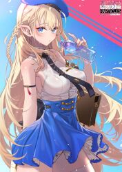 1girls arched_back armband armwear ass bangs bare_arms bare_thighs beret blonde_female blonde_hair blue_eyes braid braided_hair breasts button_down_shirt button_gap cameltoe chains clothed collared_shirt elf elf_ears elf_female eyebrows_visible_through_hair eyelashes eyeshadow female female_focus female_only fully_clothed gold_(metal) hair_between_eyes headwear highleg_panties holding_object large_breasts legwear long_hair looking_at_viewer looking_to_the_side nipple_bulge nipples nipples_visible_through_clothing pantyshot particles_(artist) pointy_ears ruffles short_dress side_view simple_background slim_waist sole_female solo solo_female solo_focus standing thick_thighs thigh_highs thighhighs thighs tie water_bottle white_legwear white_panties wide_hips