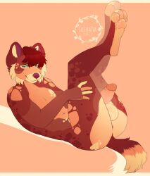 anthro balls canid canine canis coffaefox digital_media_(artwork) domestic_dog genitals hair hi_res legs_up looking_at_viewer lying male mammal nude on_back pawpads penis simple_background smile solo