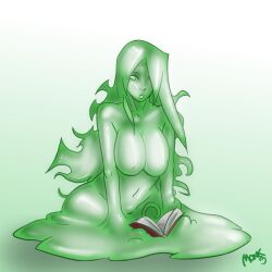 1girls book char_(azurechromatic) green_hair green_skin idolmonkeh nipples nude reading slime_girl