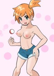 2020s 2022 aqua_eyes asymmetrical_hair blue_background blue_bottomwear blush breasts casual_topless creatures_(company) denim denim_shorts female game_freak gen_1_pokemon hand_on_hip highres holding holding_poke_ball kasumi_(pokemon) kukaninugi medium_breasts nintendo open_mouth orange_hair poke_ball pokemon pokemon_(anime) pokemon_(classic_anime) ponytail short_hair short_shorts shorts side_ponytail solo suspenders tank_top third-party_edit tomboy topless topless_female