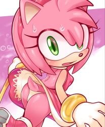 amy_rose anthro ass ass_focus bubble_butt female female_only furry green_eyes panties pink_fur pink_hair sega small_breasts sonic_(series) sonic_the_hedgehog_(series) sweat sweaty tail upskirt uyu