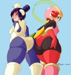 2girls ass big_ass big_butt bodysuit bubble_butt capcom kappa_spark leotard meddy.exe mega_man mega_man_battle_network nurse orange-tinted_eyewear roll.exe skin_tight stockings thick_thighs tight_clothing tinted_eyewear visor