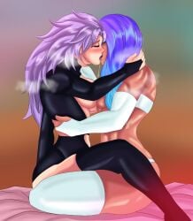 big_breasts female gamasito hilda_(mobile_legends) lesbian_kiss lingerie masha_(mobile_legends) mobile_legends mobile_legends:_bang_bang muscular muscular_female muscular_lesbian pink_hair purple_hair scissoring tribbing video_games yellow_hair yuri