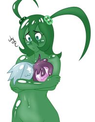 3girls conjoined dulee_(doodledowd) green_hair green_skin idolmonkeh katie_(spacecrater) madison_(idolmonkeh) nude slime_girl transparent_background twintails