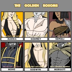 2girls 4boys abs big_breasts blonde_hair cleavage dark-skinned_female elden_ring female fromsoftware godfrey_first_elden_lord godwyn_the_golden jowan light-skinned_female male marika's_tits,_you_must_be_'ungry mohg_lord_of_blood morgott_the_omen_king muscular muscular_female muscular_male nepheli_loux queen_marika_the_eternal text