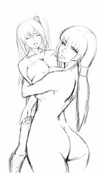 2girls against_wall artist_request ass bearhug big_ass black_and_white catfight dead_or_alive female female_only honoka_(doa) huge_breasts human long_hair moaning monochrome no_visible_genitalia nude nyotengu sketch symmetrical_docking titfight tongue tongue_out wrestling yuri