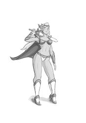 1girls abs adora armor barely_clothed belly_button bikini_armor black_and_white bracer cape cleavage curvy female female_focus female_only high_heel_boots high_heels hourglass_figure long_hair looking_at_viewer mistersouji monochrome pauldrons presenting she-ra she-ra_and_the_princesses_of_power simple_background smirk solo solo_female source_request standing sword thick_thighs thin_waist tiara very_long_hair weapon white_background wide_hips