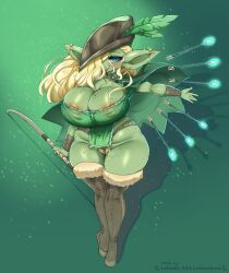 1girls absurd_res areola arrow_(weapon) big_breasts blonde_female blonde_hair blush bow_(weapon) breasts cleavage clothed clothing ear_piercing goblin goblin_female green-skinned_female green_skin hair hair_over_eye hi_res humanoid lefantis legwear monster_girl one_eye_obstructed piercing ranged_weapon shortstack thick_thighs thigh_highs weapon