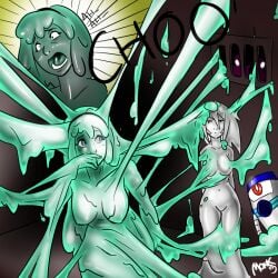 1other 2girls air_vent blue_eyes breasts cleanor_(kingmonster) collarbone covering_mouth eyes_in_darkness green_hair green_skin green_tongue groin hairband hanging_breasts idolmonkeh long_hair medium_hair messy navel no_nipples no_pussy nude open_mouth robot silver_hair silver_skin slime_(substance) slime_girl sneezing sniffing sniffling splatter synthea_(kingmonster) teeth tongue vent zinc_(idolmonkeh)