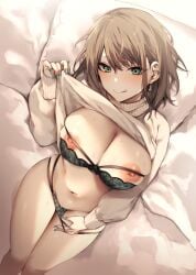 :q bangs bed_sheet black_bra black_panties blush bra breasts brown_hair clothes_lift danimaru diletta female green_eyes highres large_breasts looking_at_viewer lying nail_polish navel nipples on_back original panties panty_pull pillow short_hair smile solo sweat sweater sweater_lift tongue tongue_out underwear