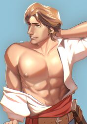 1boy abs blonde_hair blue_background brown_eyes clothed clothing hi_res jacob_holland male_focus male_only muscular muscular_male nipples pose pr1m_jb revealing_clothes short_hair simple_background smile standing the_sea_beast watermark