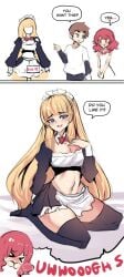 1boy 1other 2koma ambiguous_gender big_breasts blonde_hair breasts brown_hair comic couple crossdressing female femboy hinghoi maid maid_headdress maid_uniform original red_hair tagme trap white_background