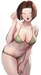 1000kcal big_breasts bikini blush bob_cut brown_hair cleavage closed_eyes dark_hair female female_only genderswap_(mtf) green_bikini kaneda_suekichi kengan_(series) kengan_ashura leaning_forward open_mouth rule_63 short_hair solo sweat swimsuit thick_thighs wet_skin wide_hips