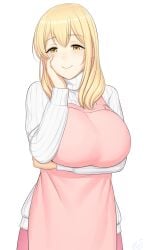 1girls apron blonde_female blonde_hair blush breasts female female_focus female_only hand_on_own_face highres housewife large_breasts long_hair looking_at_viewer lvl_(sentrythe2310) mature_female mature_woman milf motherly ribbed_sweater smile sunohara_ayaka sunoharasou_no_kanrinin-san sweater white_background yellow_eyes