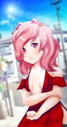 1girls breasts_almost_out doki_doki_literature_club dress female female_only jarts05 jarts05_(artist) looking_at_viewer natsuki_(doki_doki_literature_club) outside pink_eyes pink_hair red_dress small_breasts small_chest smiling solo source_request sun unknown_source