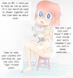 1girls blue_eyes completely_nude completely_nude_female doki_doki_literature_club female female_only full_body holding_object holding_shower_head holding_soap looking_at_viewer meme naked naked_female nude nude_female open_mouth orange_hair sayori_(doki_doki_literature_club) shower shower_head showering sitting sitting_on_stool soap solo solo_female spicy_maru stool text text_box