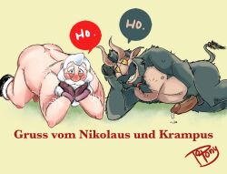 ass beard christmas duo facial_hair grin holidays horn human krampus long_beard looking_at_viewer male male/male male_only mammal mature_male monster moustache nude santa_claus smile topony yellow_eyes