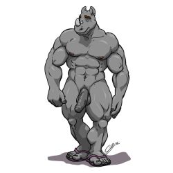 1:1 anthro balls chestnuts_(artist) clothing ear_piercing flip_flops footwear genitals male male_focus male_only mammal muscular nipples nude penis piercing rhinocerotoid sandals solo