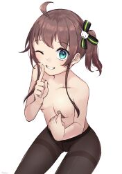 ahoge alter_yui_(artist) bandaid bandaids_on_nipples blue_eyes breasts brown_hair cheeky grin hololive hololive_gen_1 hololive_japan natsuiro_matsuri pantyhose small_breasts smaller_female virtual_youtuber wink