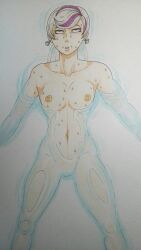 claire_skyheart dimension_w earrings eyes_rolling_back female gilf in_water laying_down mature_female mature_woman purple_hair skinny skinny_female small_breasts small_nipples solo sweat sweating white_hair