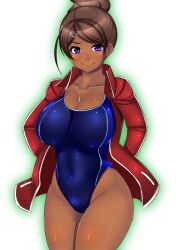 1girls asahina_aoi breasts danganronpa danganronpa:_trigger_happy_havoc danganronpa_1 dark-skinned_female dark_skin female female_focus female_only jacket large_breasts myougi_kuraganosuke one-piece_swimsuit straight_hair swimsuit tanned tanned_female tanned_skin thighs