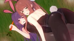 black_bunny_ears black_bunnysuit bow brown_hair bunny_ears bunny_girl bunny_tail bunnysuit carrot cometz doki_doki_literature_club grass green_eyes healed_scars holding_carrot holding_food holding_object looking_at_viewer lying_down lying_on_back lying_on_person monika_(doki_doki_literature_club) on_top_of on_top_of_another open_mouth purple_eyes purple_hair scars smiling smiling_at_viewer white_bow yuri_(doki_doki_literature_club)