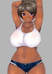 1girls alternate_version_available armpits asahina_aoi blush blushing_at_viewer breasts danganronpa danganronpa:_trigger_happy_havoc danganronpa_1 dark-skinned_female large_breasts looking_at_viewer myougi_kuraganosuke short_shorts straight_hair tank_top tanned tanned_female tanned_skin thighs