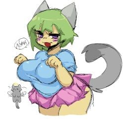 big_breasts blue_shirt breasts female green_hair high_neko_sugar_girls kiimocha nyan_neko_sugar_girls purple_eyes raku-chan raku_chan tagme thick_thighs tutu