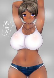 alternate_version_available armpits asahina_aoi blush blushing_at_viewer breasts danganronpa danganronpa:_trigger_happy_havoc danganronpa_1 japanese_text large_breasts looking_at_viewer mist myougi_kuraganosuke short_shorts straight_hair tank_top tanned tanned_female tanned_skin thighs