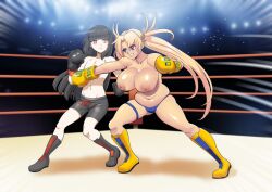 1boy 1boy1girl 1girls black_boxing_gloves black_gloves black_hair blonde_hair blue_eyes boots boxing boxing_gloves boxing_ring bradamante_(fate) breasts commission commissioner_upload fate/grand_order fate_(series) female gez1313 gloves large_breasts long_hair male nipples red_eyes topless yellow_boxing_gloves yellow_gloves