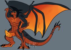 abs anthro anthro_dragon artist_logo black_body black_claws black_horn black_tail claws dragon erection genitals grey_background grey_wings hand_behind_head hand_on_hip horn imperatorcaesar knot logo male male_dragon male_focus male_only membrane_(anatomy) muscular muscular_anthro muscular_male orange_penis orange_wings pecs penis red_body red_tail simple_background solo vein veiny_penis wing_claws wings