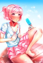 1girls blue_popsicle blush doki_doki_literature_club female female_only kneeling natsuki_(doki_doki_literature_club) natsuwatch_(artist) open_mouth pink_eyes pink_hair pink_skirt popsicle popsicle_melting pulling_shirt pulling_shirt_down red_face skirt solo sweat sweating sweating_profusely white_shirt