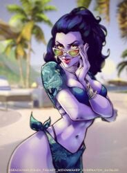 1boy 1boy1girl 1girls adjusting_eyewear adjusting_glasses adjusting_sunglasses amelie_lacroix assassin big_breasts blizzard_entertainment breasts cleavage clothing female female_only hips hourglass_figure kneeling kseniaharlequin large_breasts long_hair looking_over_eyewear looking_over_glasses looking_over_sunglasses overwatch purple_body purple_hair purple_skin summer sunglasses tinted_eyewear voluptuous watermark wide_hips widowmaker