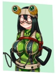 1girls arms_behind_back arms_tied arms_tied_behind_back big_breasts bondage bound bound_arms chains closed_eyes female female_only femsub green_hair hair_between_eyes hero_outfit_(mha) large_breasts latex latex_suit my_hero_academia nipple_chain nipple_clamps nipple_pinch nipple_play nipples_visible_through_clothing pokies rope rope_bondage shibayamamohu submissive submissive_female tsuyu_asui