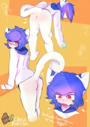 absurd_res anthro anus ass balls bangs black_clothing black_legwear black_thigh_highs blue_body blue_fur blue_hair bottomless chocomint_texa clothed clothing digital_media_(artwork) domestic_cat felid feline felis flushed flustered fur genitals girly hair hi_res hoodie humanoid_genitalia humanoid_penis leaning leaning_back leaning_on_object leg_grab legwear long_sleeves looking_down male mammal multicolored_body multicolored_eyes multicolored_fur open_mouth penis pink_eyes raised_tail shaded simple_background sleeping solo texa text thigh_highs topwear white_body white_clothing white_fur