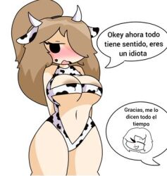 blush closed_eyes cow_ears cow_girl cow_horns may_(moonlightdrawinguwu) moonlightdrawinguwu nosebleed one_eye_covered one_eye_obstructed spanish_text