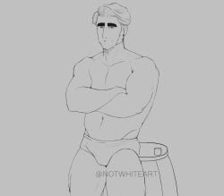 1boy abs clothed clothing jacob_holland looking_at_viewer male_focus male_only monochrome muscular muscular_male navel notwhiteart_(artist) revealing_clothes short_hair simple_background smile standing the_sea_beast thick_eyebrows watermark white_background