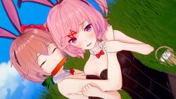 2girls basket basket_of_eggs black_bunny_ears black_bunnysuit blue_eyes blush bow bowtie bowtie_collar bunny_ears bunny_girl bunnysuit carrot carrot_in_mouth closed_eyes cometz doki_doki_literature_club duo egg eggs female female_only food grass happy holding_other looking_at_viewer multiple_girls natsuki_(doki_doki_literature_club) orange_hair outside pink_eyes pink_hair red_bow red_bowtie sayori_(doki_doki_literature_club) smiling