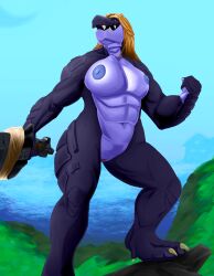 absurd_res anthro breasts building claws crocodile crocodilian crocodylid ctrl-atl-replace7888 dreadlocks eye_scar facial_scar female grass hi_res house house_in_the_ocean luda_ivanov melee_weapon muscular muscular_female nipples plant purple_body purple_scales reptile scales scalie scar sea solo sword water weapon